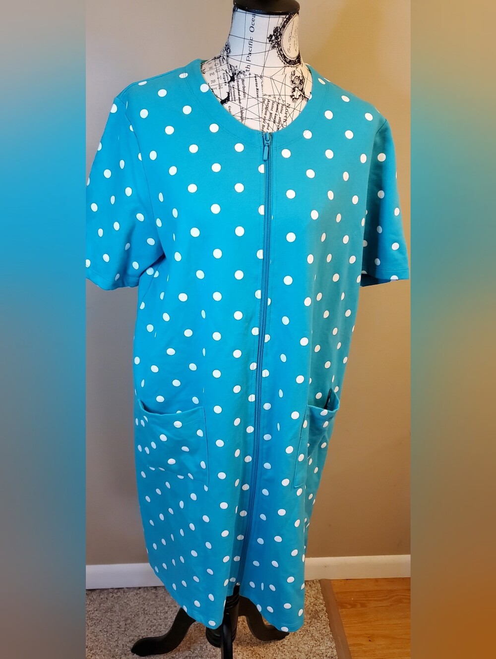 Vicki Wayne Women’s Large House Dress Sleep Dress Robe Blue Polka Dot Full Zip